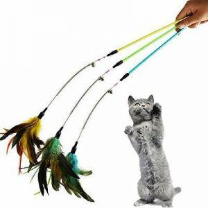CatYou 3-Pack Cat Feather Toy with Beads and Bells and 23&quot; Long Wand with Spr